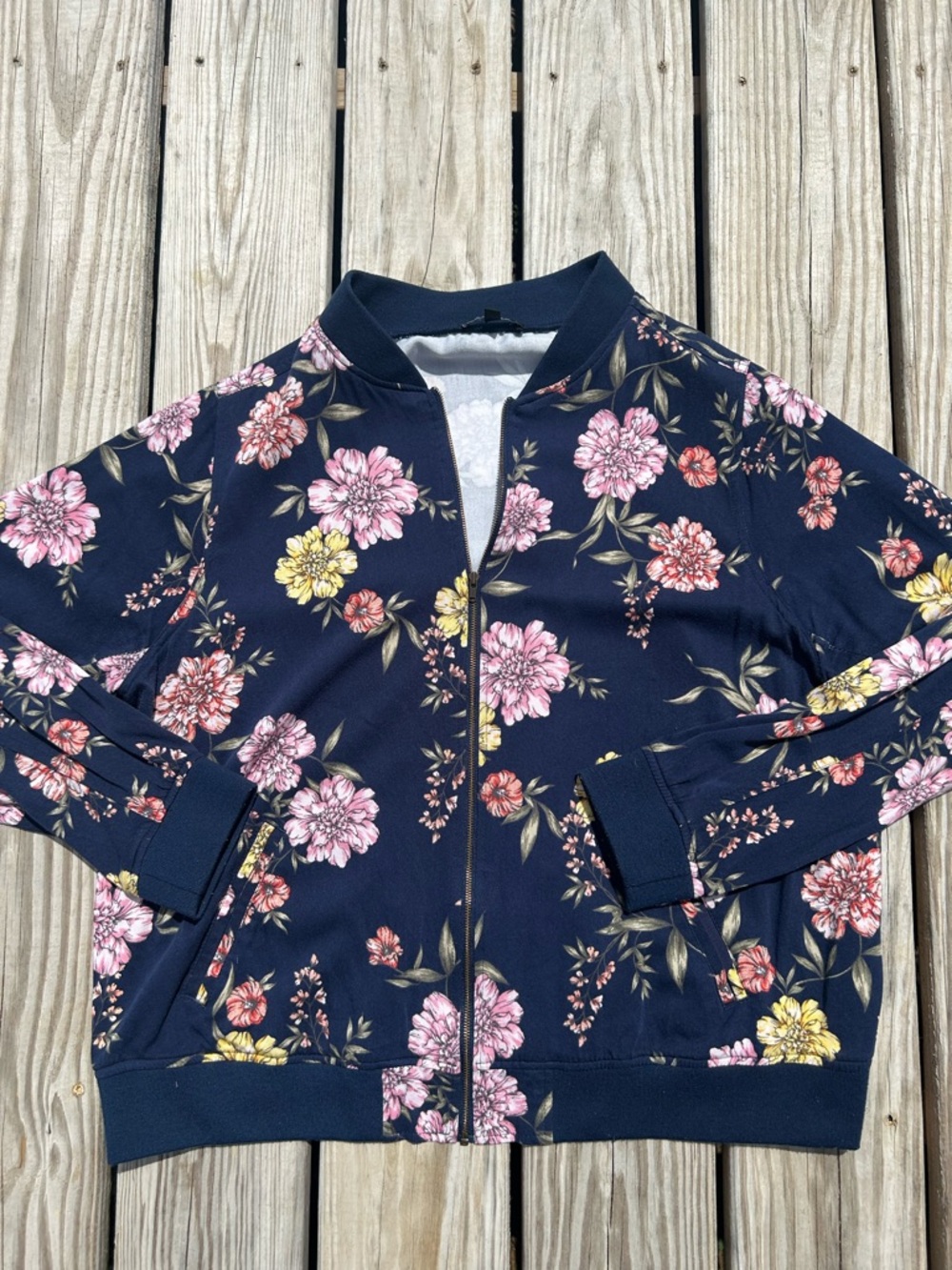 Torrid Twill Bomber Floral‎ Print Full Zip Up Jacket Navey Blue Womens Size 2/18